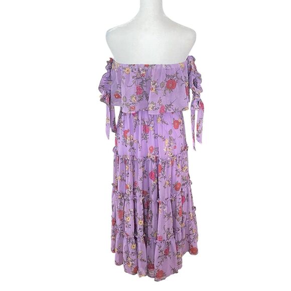 Shero Small Midi Dress Long Flowy Floral Purple Off the Shoulder Lavender - Picture 11 of 13